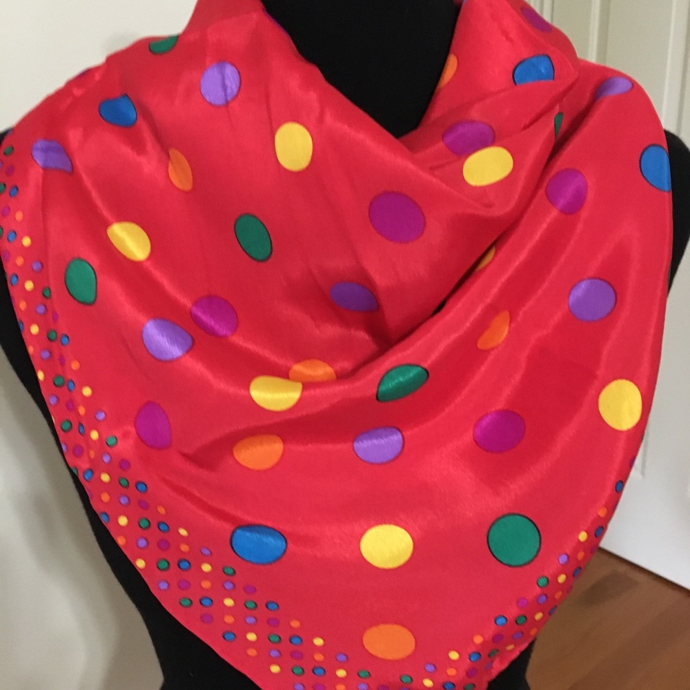 Polka dot scarf 31” Sq red & multi colors